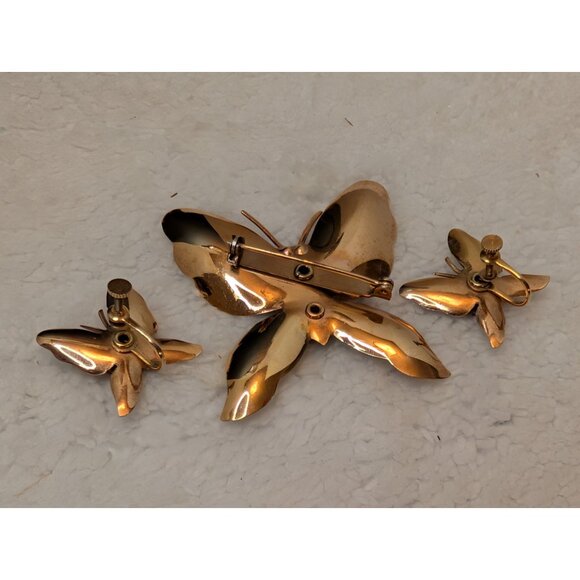 Vintage Gold-Tone Butterfly Brooch & Screwback Earrings W/ Pronged Rhinestones - Picture 3 of 5